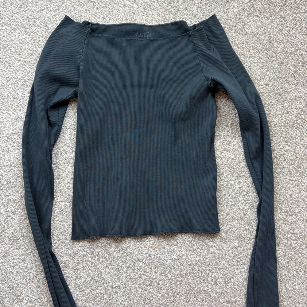 Brandy Melville Black Off-Shoulder Ribbed Long Sleeve Top